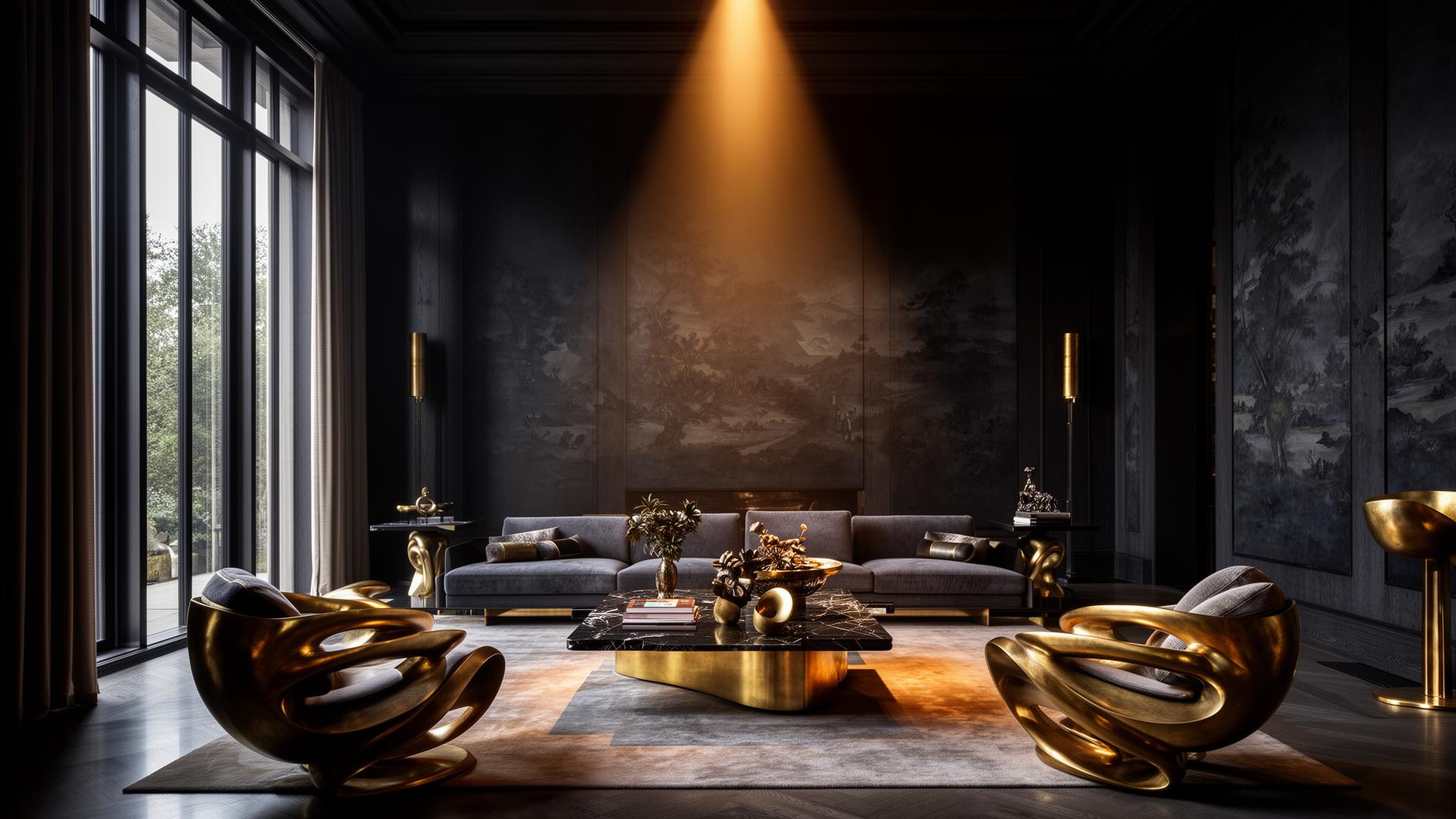 Dark luxury living room with brass sculpture furniture and cinematic light
